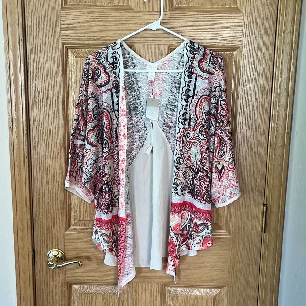 Chico's Cream, Pink and Black Floral Open Cardigan